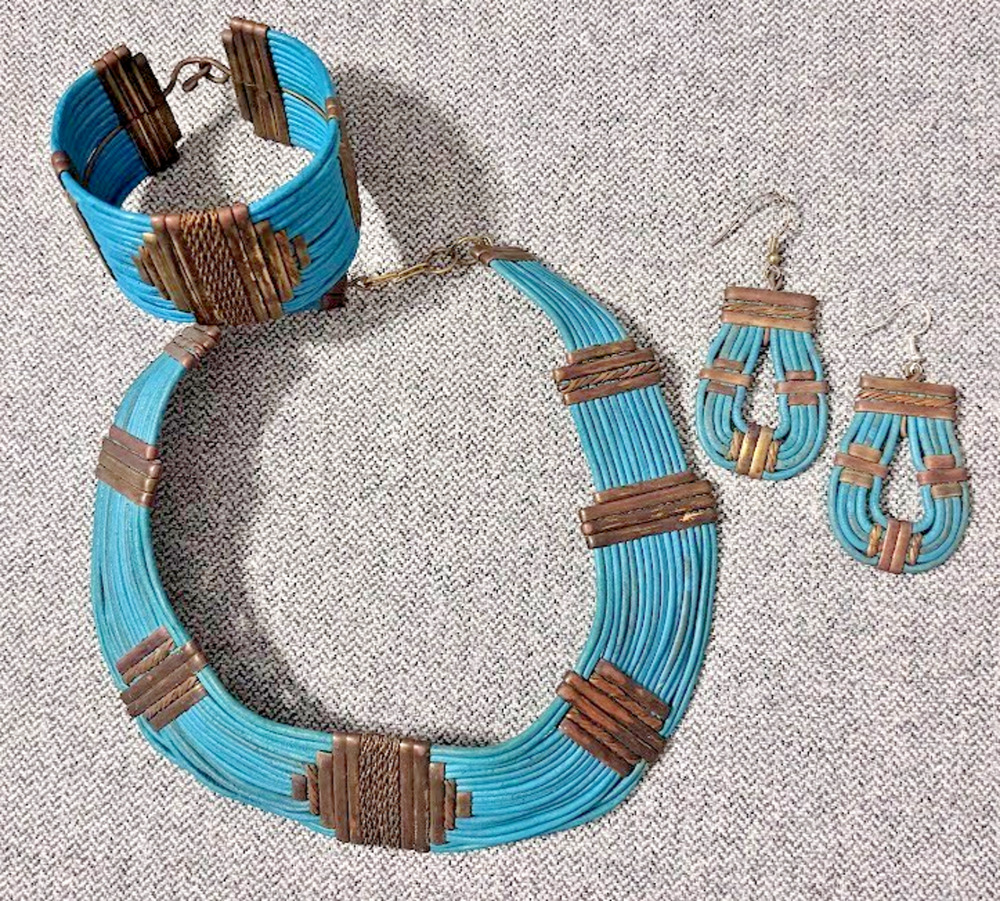 Alexis Kirk Leather Tribal Collar Necklace Bracelet Earrings Set Art to Wear VTG
